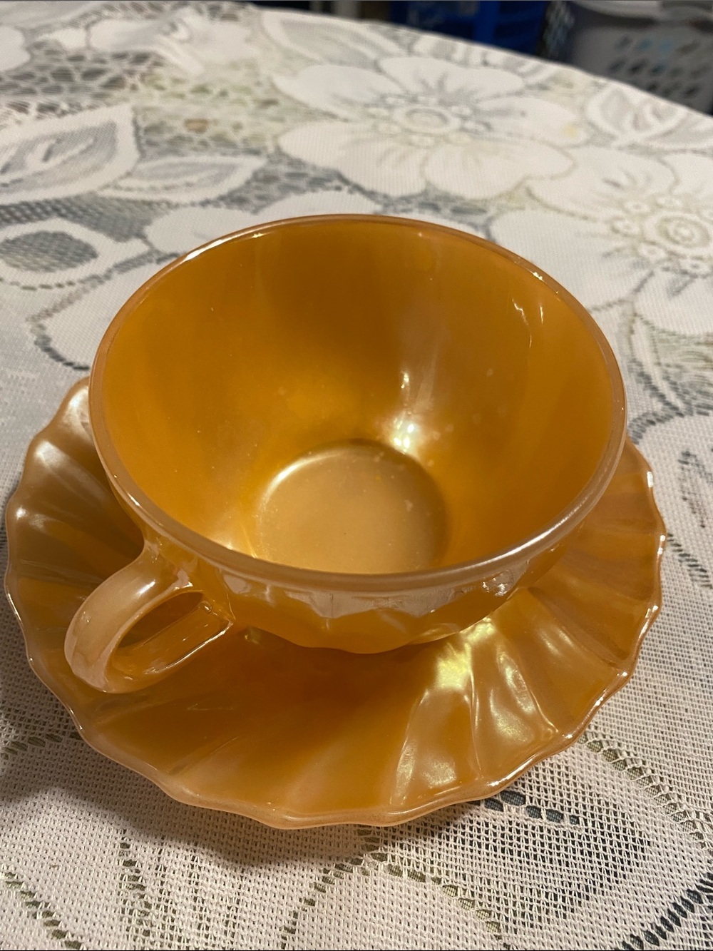Apricot Iridescent Glass Teacup with White Milk Glass Base